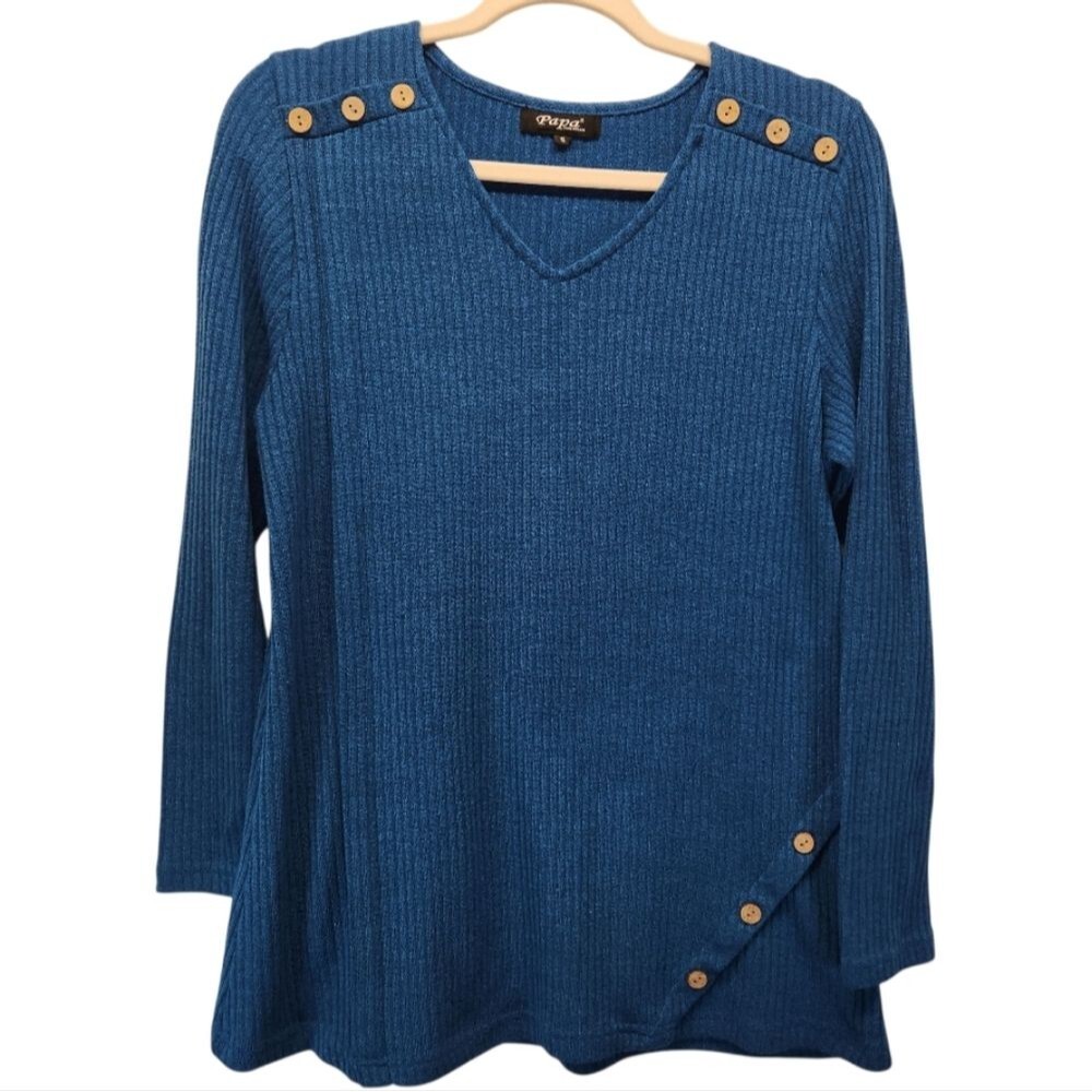 PAPA VANCOUVER Blue Ribbed V-Neck Tunic w/Wooden Buttons SMALL Lagenlook Scandi